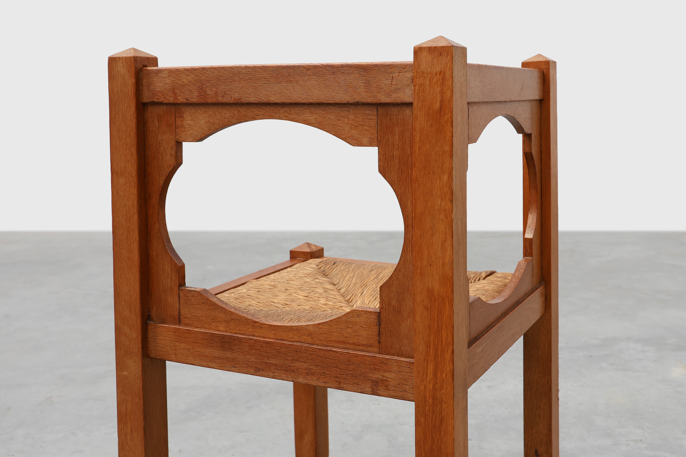Art Deco Oak Corner Chair with Cut‑Out Backrest and Rush Seat, Belgium, circa 1920thumbnail